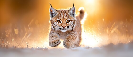 Wall Mural -  A baby lynx dashes through the snow, paw lifted, as it approaches the camera, both front paws airborne