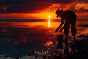 Wall Mural - A woman is standing in the ocean with a bucket, possibly collecting water, generative ai image