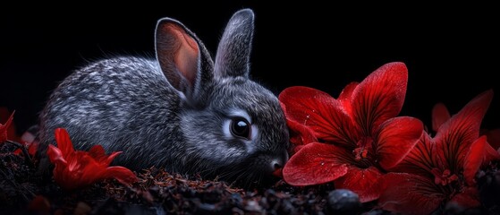 Wall Mural -  A rabbit in a red-flowered headband, situated in a field against a black backdrop