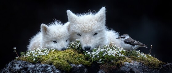  Two white foxes seated on a snow-capped hill of grass, nearby a perched bird