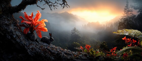 Poster -  A bird perching on a tree branch, flowers in foreground, mountains in background