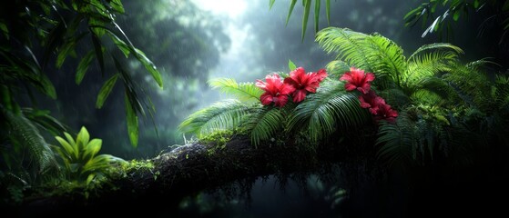 Poster -  A red bloom atop a tree branch, amidst a dense forest of verdant leaves