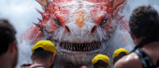 Poster -  A tight shot of a dragon's face amidst a crowd wearing life jackets and vests