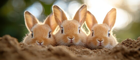 Poster -  Three rabbits seated together atop a dirt mound amidst tree-filled backdrop