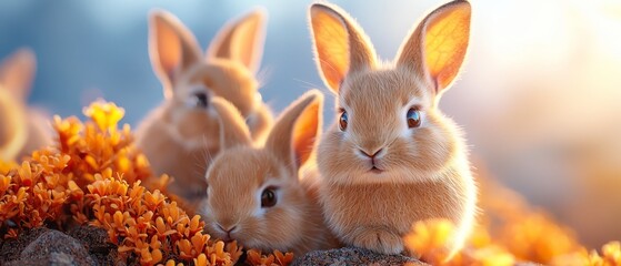  A group of rabbits seated together atop an orange flower field under a sunny day