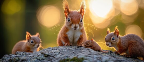 Wall Mural -  A group of squirrels perched on a rock One faces the camera, the other gazes in that direction