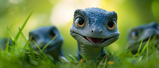 Wall Mural -  A tight shot of a lizard amidst grass, another in background gazes at camera