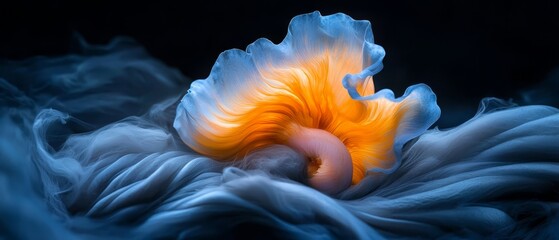 Wall Mural -  A single orange-and-white bloom sits in the midst of a blue and white blossom, both featuring white centers, against a black backdrop