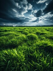 Lush green grass under dramatic stormy skies in a serene open landscape