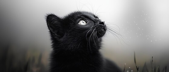 Poster -  A tight shot of a feline gazing at the sky, surrounded by grass in the foreground and water droplets in the backdrop