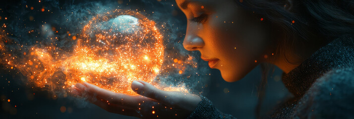 Poster - A woman holding a holo globe in front of her face,