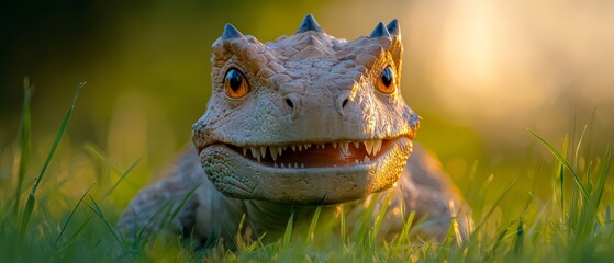 Wall Mural -  A tight shot of a lizard amidst a sea of grass Sunlight filters through the trees behind