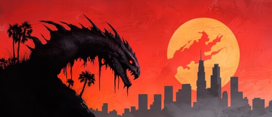 Canvas Print - dragon before sunset, cityscape in foreground, full moon behind