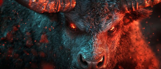 Sticker -  A tight shot of a bull's intense gaze, its eyes accentuated by red lights, against a hazy backdrop