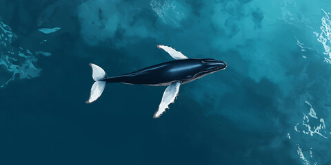 Aerial view of a humpback whale swimming gracefully in clear blue ocean
