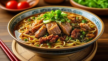 Wall Mural -  Delicious Asian noodle dish with meat and vegetables