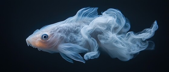 Canvas Print -  A fish closely framed, exuding smoke from its mouth against a backdrop of absolute blackness