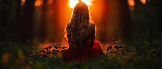 Canvas Print -  A woman in a red dress sits amidst the forest, sun illuminating trees behind her