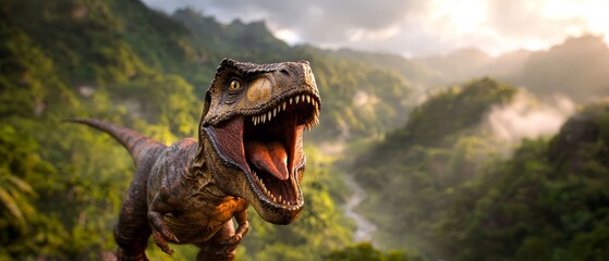 Canvas Print -  A tight shot of a dinosaur's gaping maw, positioned in front of a towering mountain backdrop, with a winding river flowing at its base