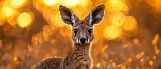 Canvas Print -  A tight shot of a kangaroo gazing into the lens, surrounded by a hazy backdrop of trees and grass