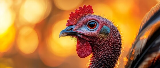 Sticker -  A tight shot of a rooster's head against an out-of-focus backdrop of oranges and yellows