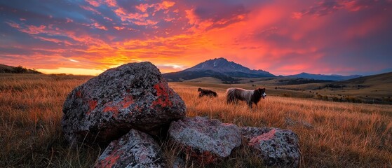 Wall Mural -  A group of horses grazes on a grass-covered field beside a large rock in the center