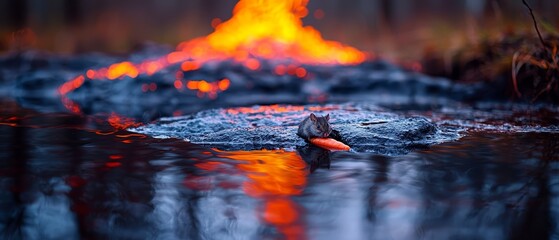 Canvas Print -  A tight shot of a morsel suspended in water, fire flames dancing behind