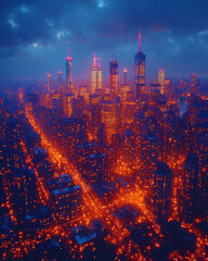 Aufkleber - Aerial footage of a modern city at night, illuminated by glowing streetlights and skyscrapers,