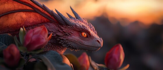 Poster -  A tight shot of a dragon, flowers in the foreground, background blurred sky