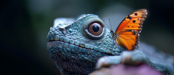  A close-up of a lizard with a butterfly perched atop its head, and another butterfly resting on its back