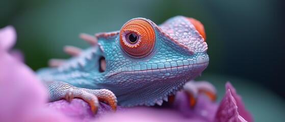 Wall Mural -  A tight shot of a blue-orange chameleon atop a purple bloom against a softly blurred backdrop