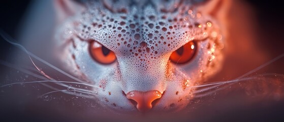 Canvas Print -  A tight shot of a cat's face, adorned with droplets of water