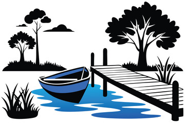 Wall Mural - A quiet riverbank, with a blue rowboat tied to a wooden dock vector illustration white background H.eps