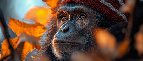 Wall Mural -  A tight shot of a monkey in a hat, gaze fixed on the camera, surrounded by a foreground leaf