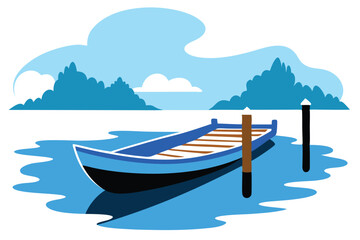 Wall Mural - A quiet riverbank, with a blue rowboat tied to a wooden dock vector illustration white background I.eps