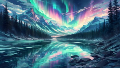 Canvas Print - Apocalyptic Riverside Concert Under Mesmerizing Aurora Borealis Reflections on Water