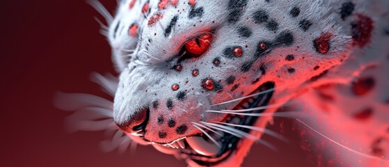 Wall Mural -  A tight shot of a snow leopard's face, adorned with red and black spots, reveals its bared teeth