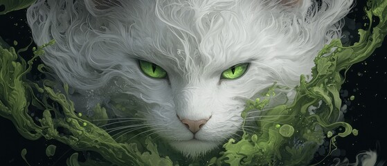  A tight shot of a white feline with emerald eyes against a backdrop of dark greenery  and blackness