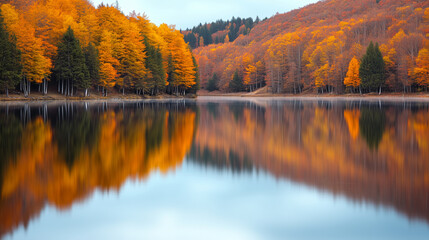 Reflection of autumn trees in a calm lake, mirror-like water capturing the vivid colors, serene atmosphere, autumn landscape, fall foliage, lake, reflection