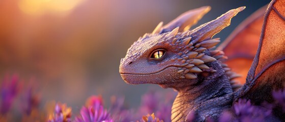 Poster -  A tight shot of a dragon figurine amidst a purple flower field, backdrop illuminated by a brilliant light