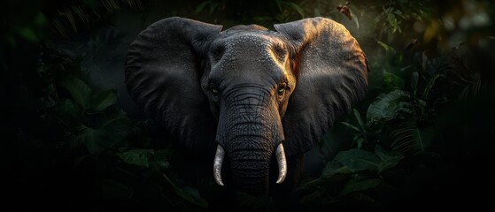 Canvas Print -  An elephant, sporting tusks, stands amidst a jungle, surrounded by trees and verdant plants