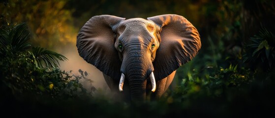 Canvas Print -  An elephant, bearing tusks, stands centrally in a forest Trees and shrubs populate the foreground