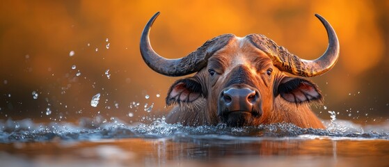 Wall Mural -  A tight shot of a bull submerged in water, horns protruding from its face