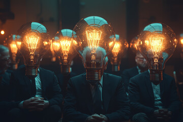Poster - A team of executives trying to brainstorm ideas with giant lightbulbs hovering over their heads, none of which light up.