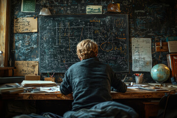 Poster - a teacher in front of a chalkboard filled with nonsensical equations and symbols, frantically writin