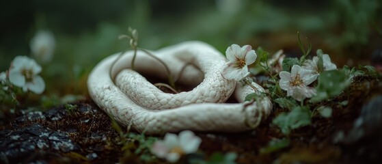 Wall Mural -  A tight shot of a snake coiled on a rock with blooms emerging from its rear end