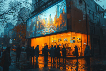 Poster - A startup team huddled around a pitch deck that's projected on the side of a building, while they try to read it from across the street.