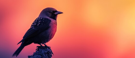 Poster -  A black bird perches on a tree branch against an orange-pink backdrop, with a pink-yellow background beyond