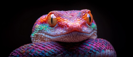 Canvas Print -  A tight shot of a vivid lizard's face against a black backdrop Black background concealed behind