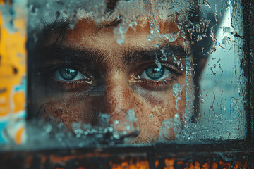 Poster - a sparkling, clean window reflects the face of a person staring out at a crumbling, graffiti-covered